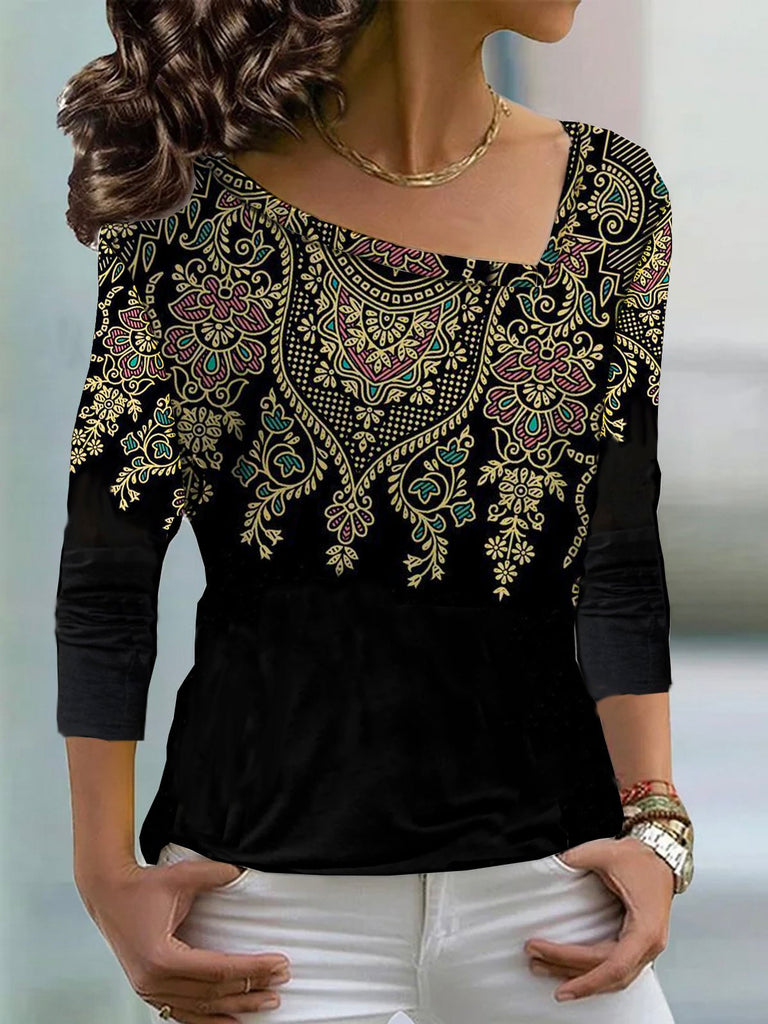 Fashion Long Sleeve Asymmetrical Ethnic Casual Regular T-Shirt
