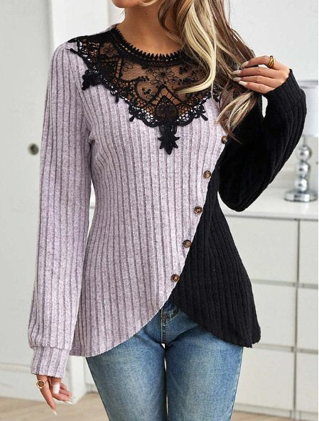 Fashion Crew Neck Long Sleeve Color Block Loose Regular Blouses