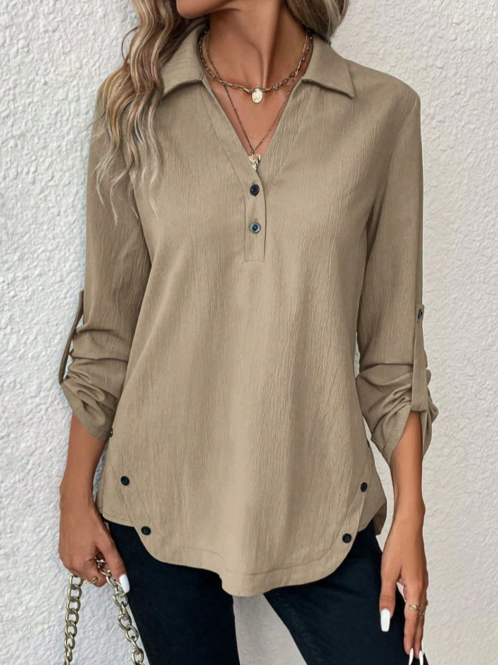 Fashion Long Sleeve Notched Plain Loose Mid-Long Blouse