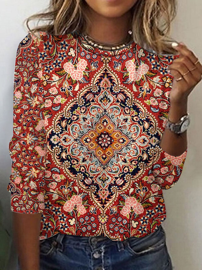 Vintage Crew Neck Long Sleeve Ethnic Loose Regular Blouse