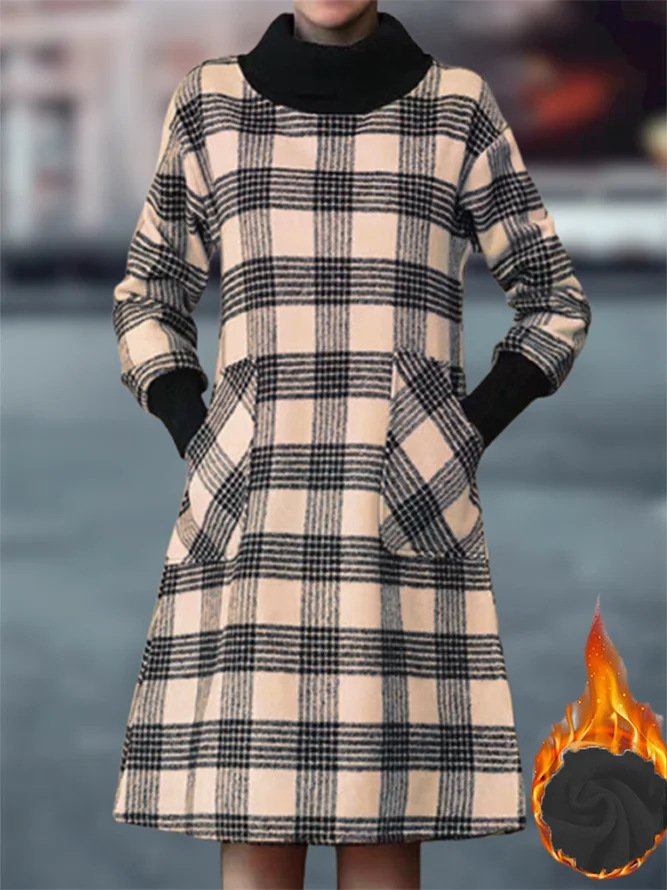 Fashion Long Sleeve Turtleneck Plaid Loose Midi Dress