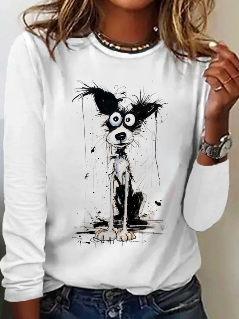 Fashion Crew Neck Long Sleeve Dog Casual Regular T-Shirt