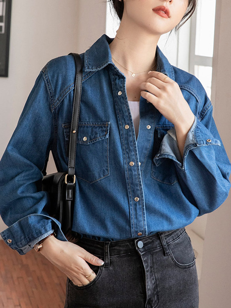 Loose Long Sleeve Shirt Collar Plain Fashion Regular Blouse