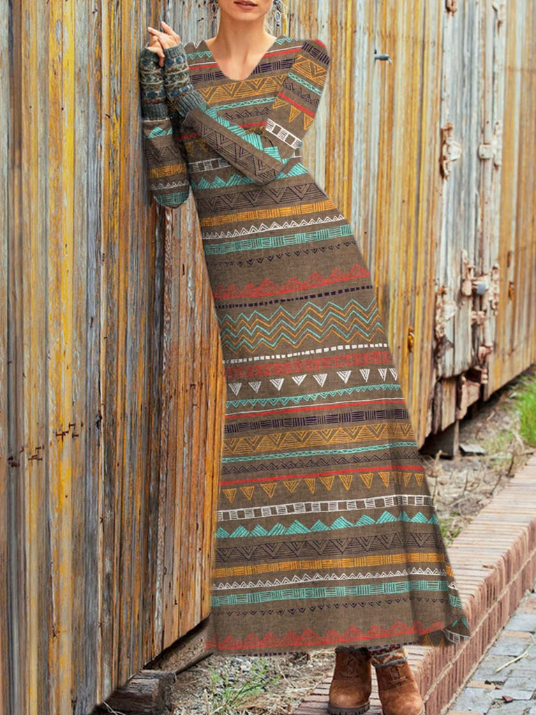 Plus Size Fashion V Neck Long Sleeve Ethnic Maxi Dress