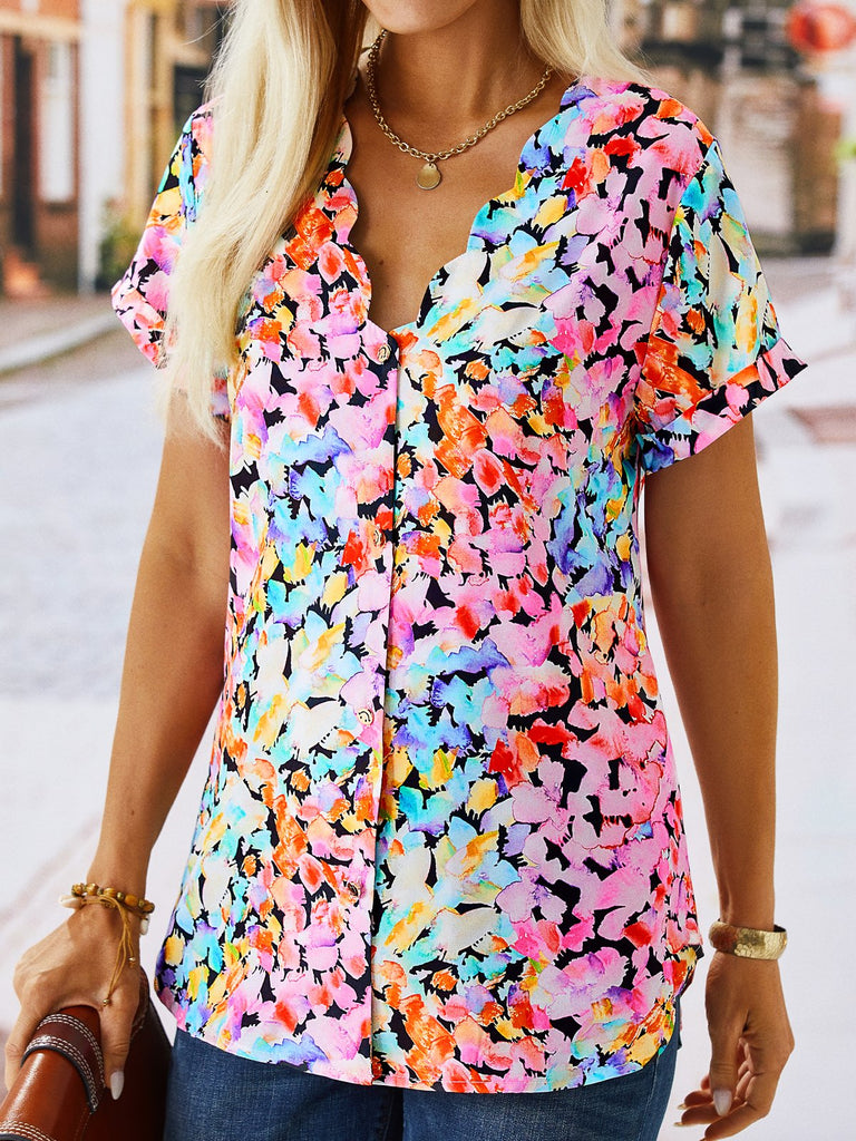 Fashion Short Sleeve Shirt Collar Floral Loose Regular Shirt