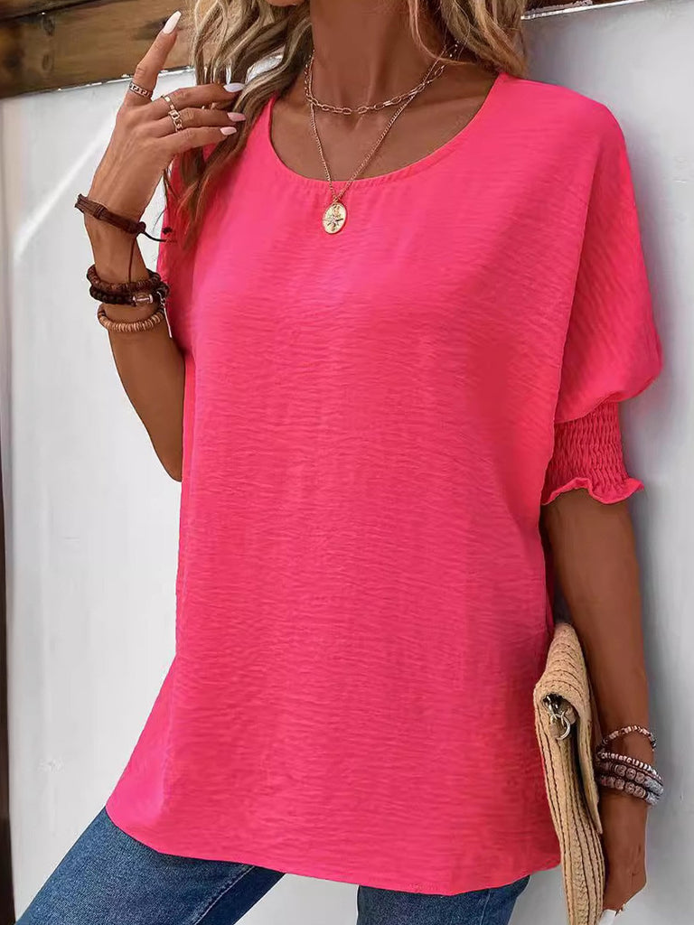 Loose Short Sleeve Crew Neck Plain Fashion Regular Blouse