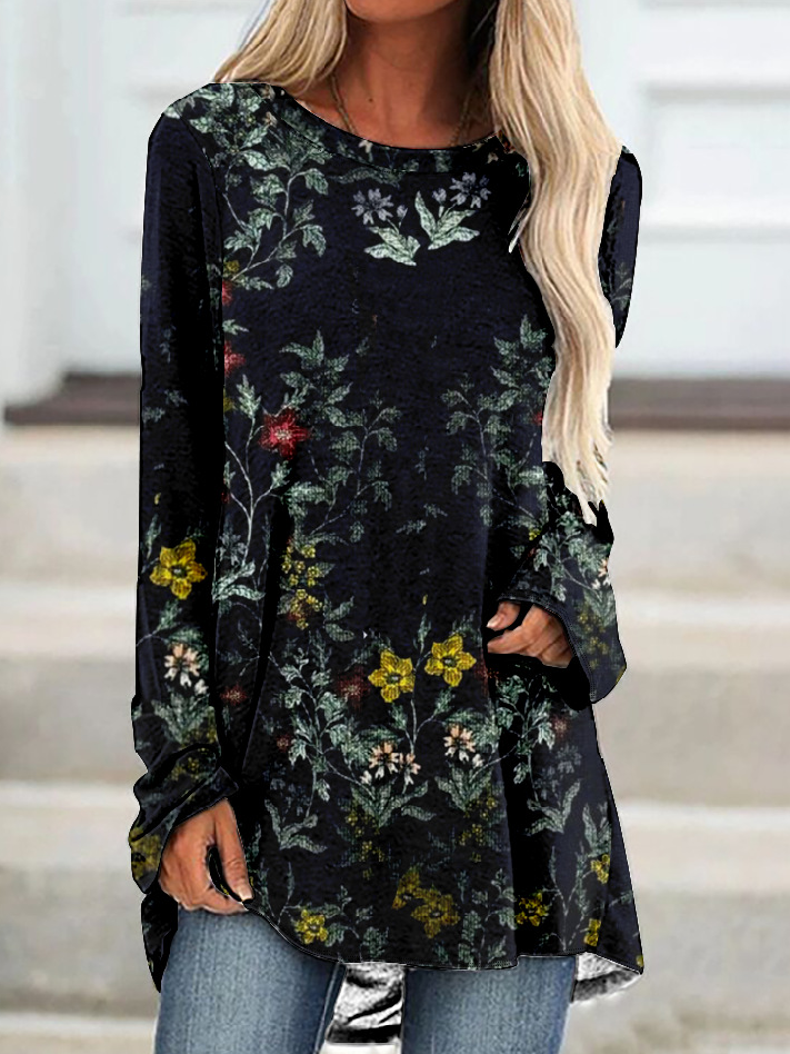 Vintage Crew Neck Long Sleeve Floral Loose Mid-Long T-Shirt