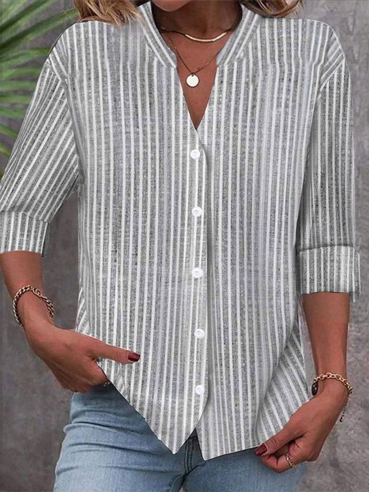 Fashion Long Sleeve Stand Collar Striped Loose Mid-Long Blouse