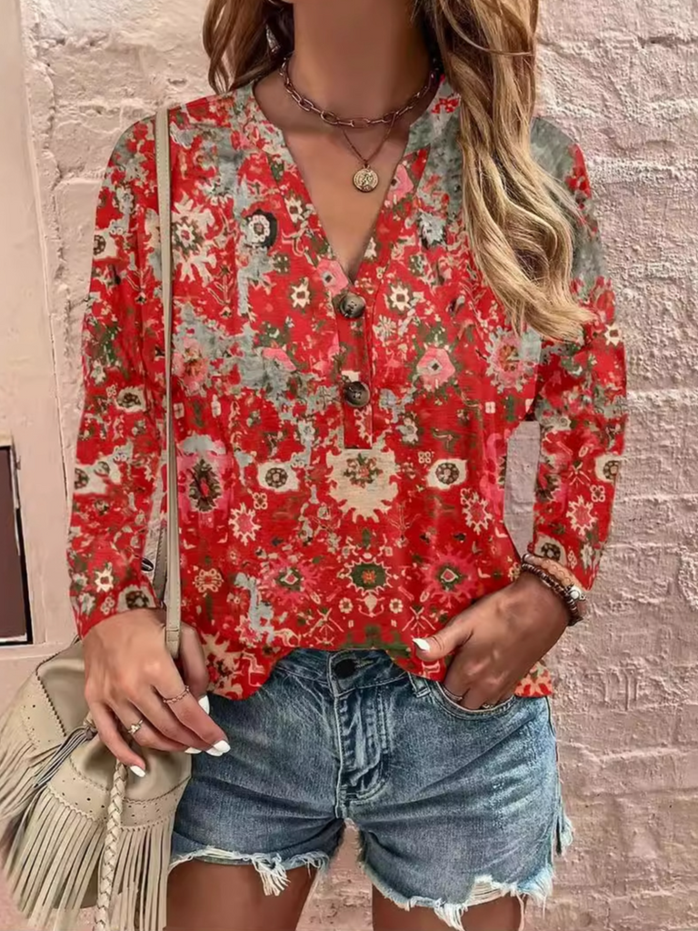 Fashion V Neck Long Sleeve Ethnic Casual Regular Blouses
