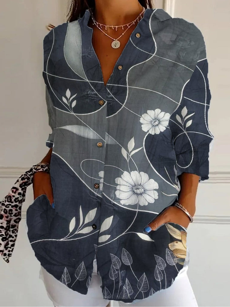 Fashion Long Sleeve Shirt Collar Geometric Floral Loose Regular Shirt