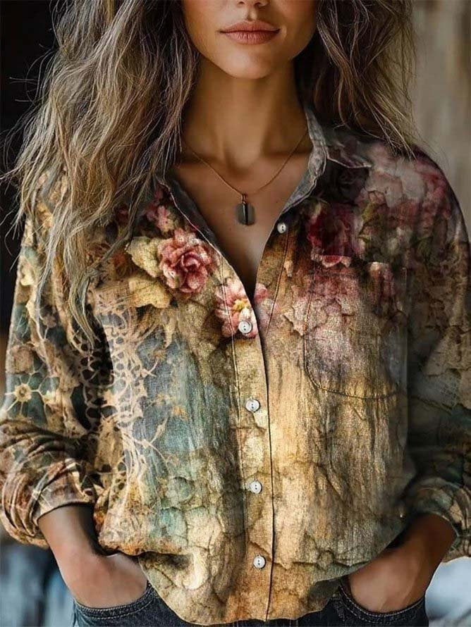 Ethnic Long Sleeve Shawl Collar Ethnic Loose Regular Shirt