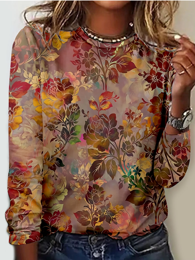 Fashion Crew Neck Long Sleeve Plants Regular T-Shirt