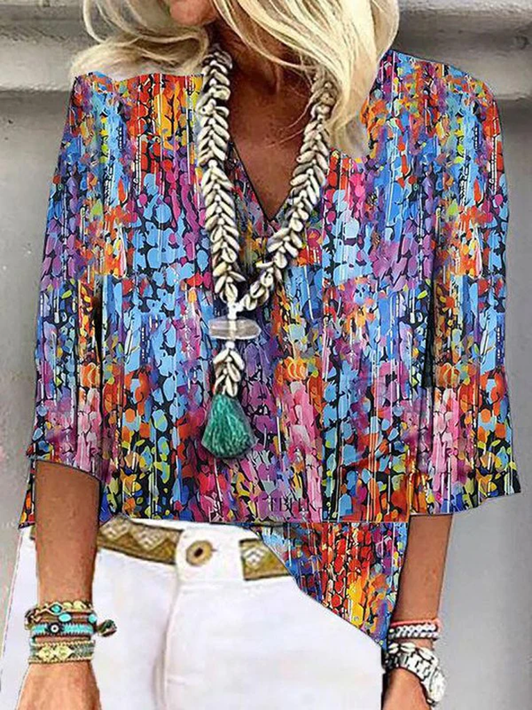 Fashion Half Sleeve V Neck Random Print Loose Regular Blouse