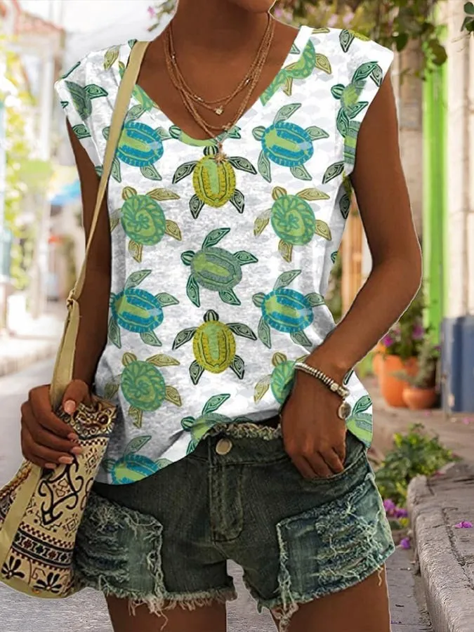 Fashion V Neck Short Sleeve Marine Life Loose Regular T-Shirt