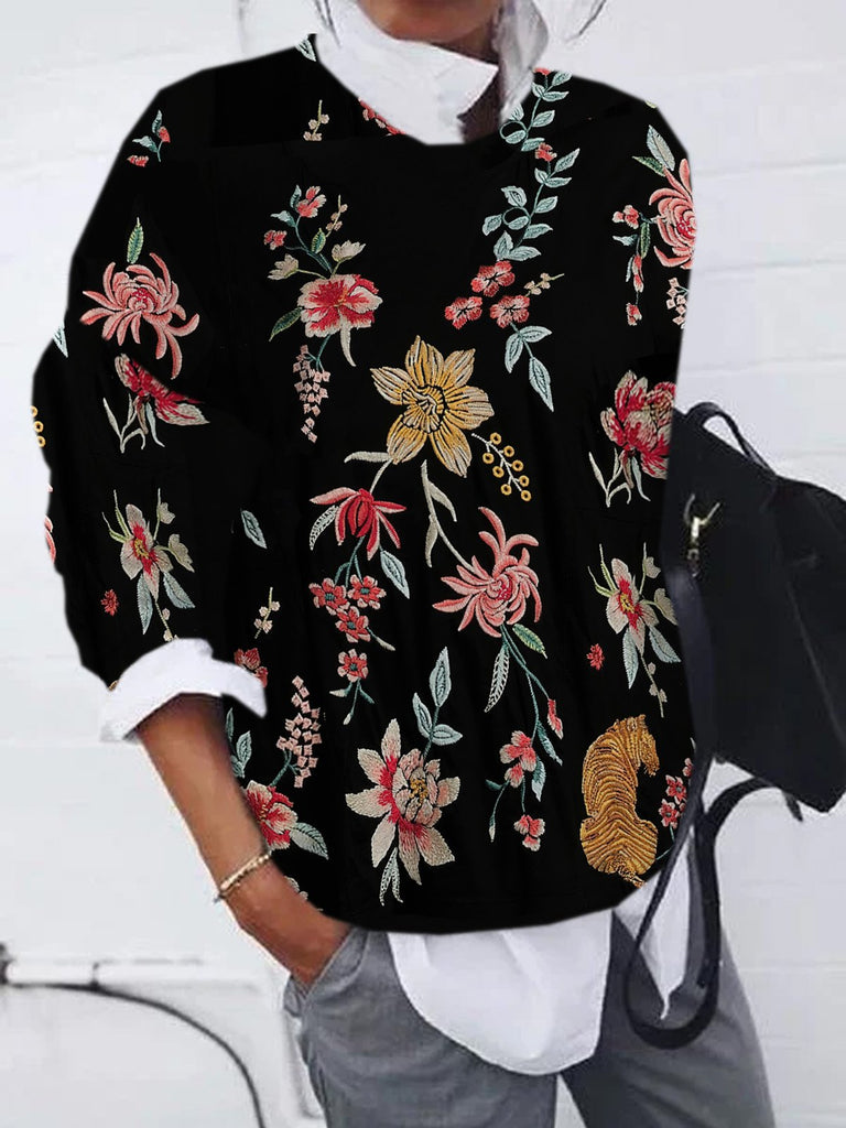 Fashion Crew Neck Long Sleeve Floral Zipper Casual Regular Sweatshirt
