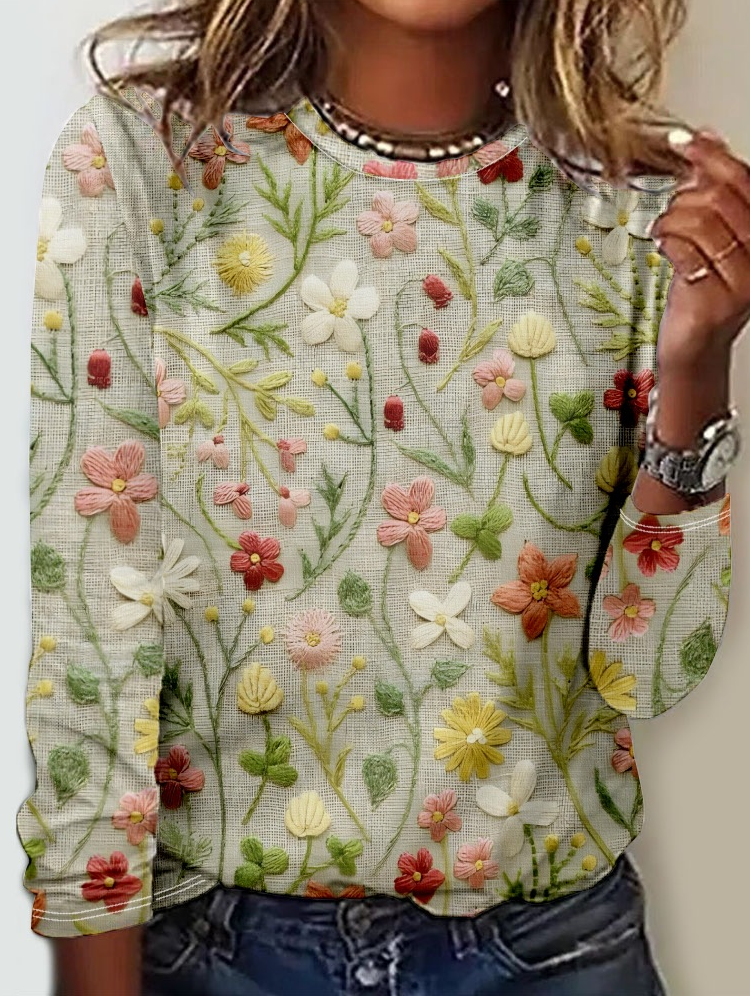 Crew Neck Long Sleeve Floral Printing Fashion Regular Blouses