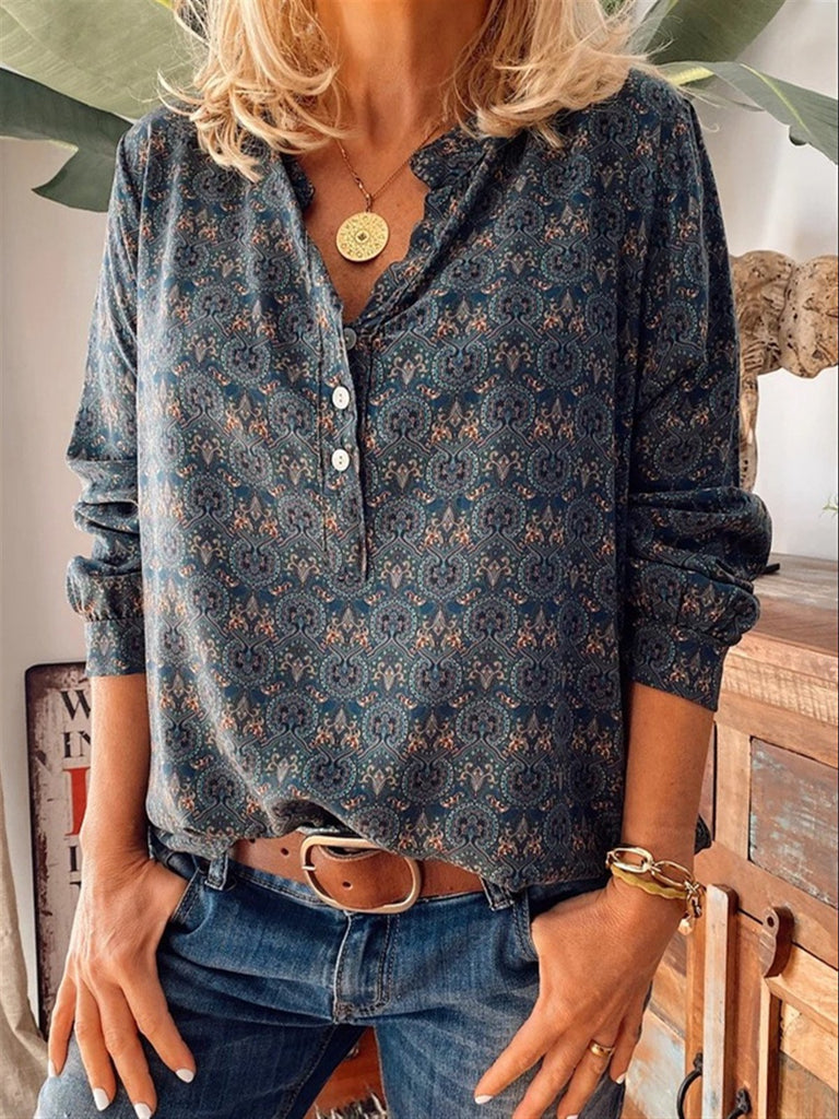 Loose V Neck Long Sleeve Floral Vintage Regular Shirt