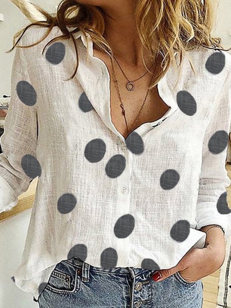 Loose V Neck Long Sleeve Polka Dots Fashion Regular Shirt