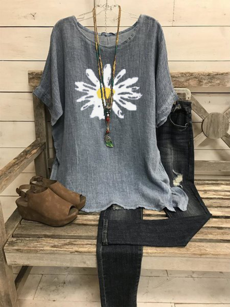 Loose Half Sleeve Crew Neck Printed Floral Vintage Mid-Long Blouse
