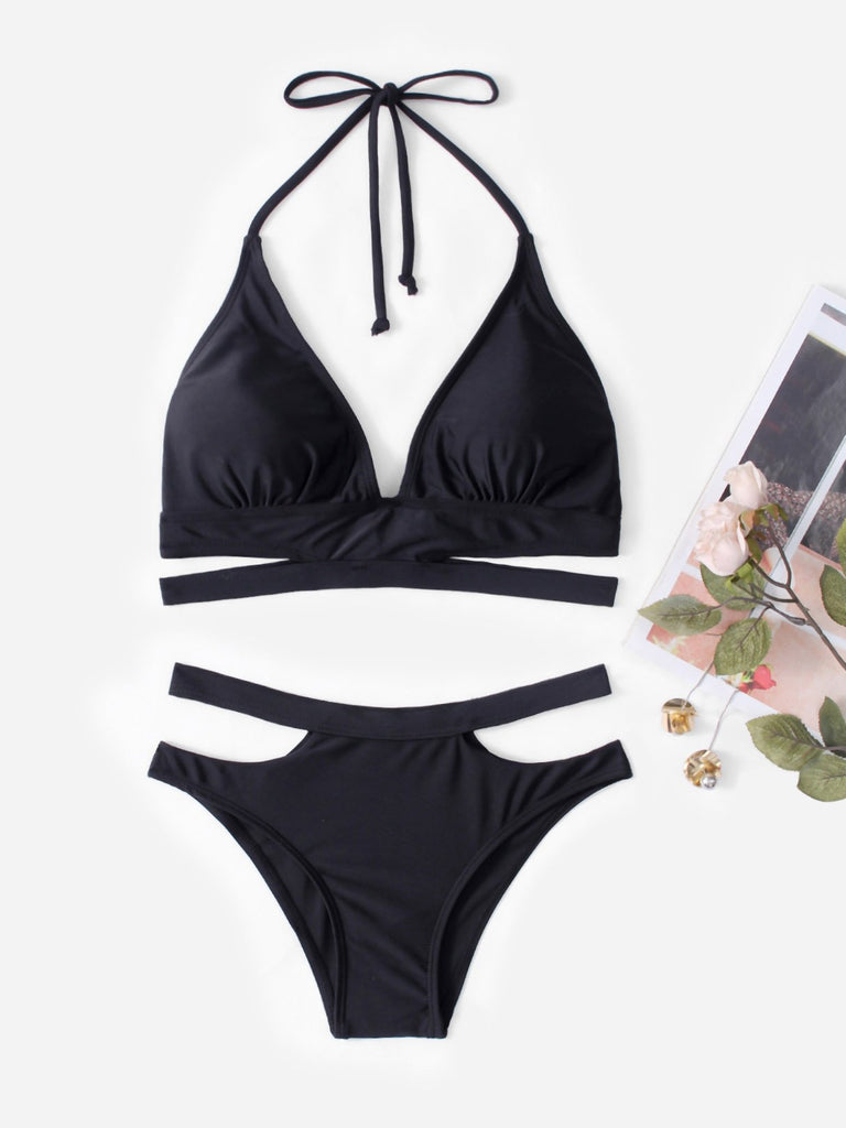 Black Halter Sleeveless Plain Hollow Bikini Set