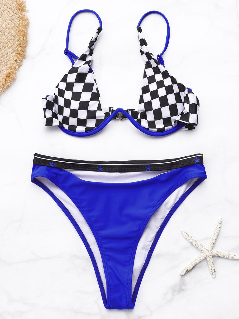 V-Neck Sleeveless Grid Star High Waist 2 Piece Bikini Suits
