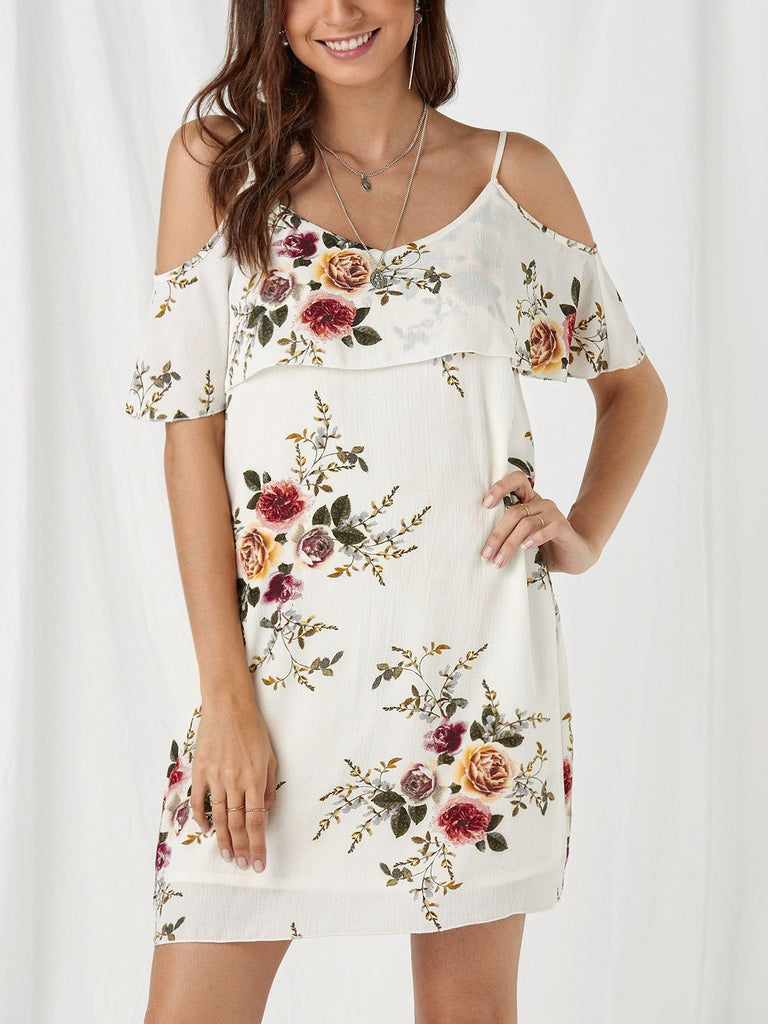 Cold Shoulder Sleeveless Floral Print Spaghetti White Strap Dresses