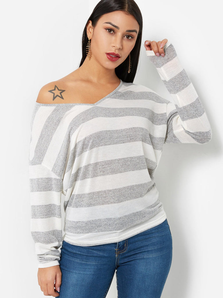 Stripe V-Neck Bat Sleeves T-Shirt