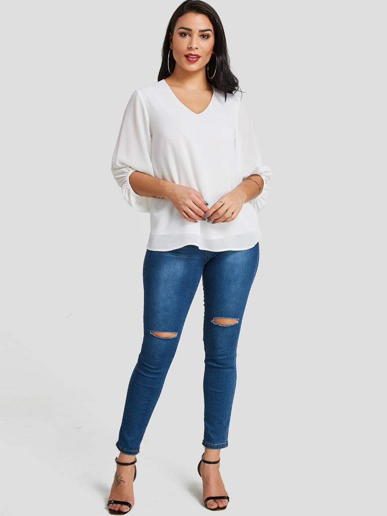 V-Neck Plain 3/4 Sleeve Curved Hem White Blouses