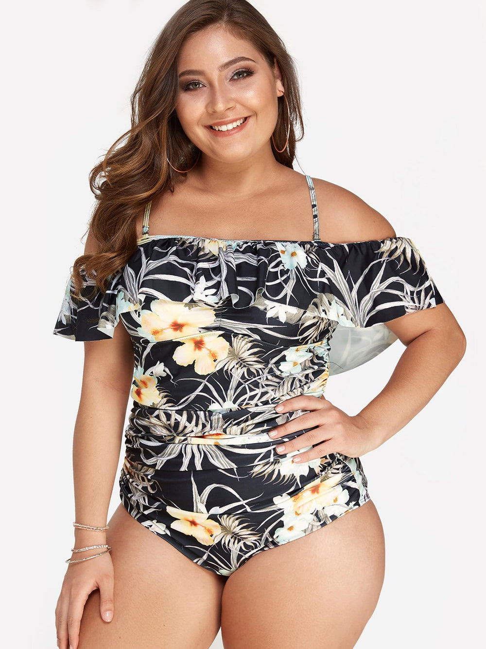 Off The Shoulder Floral Print Backless Sleeveless Plus Size Swimwear