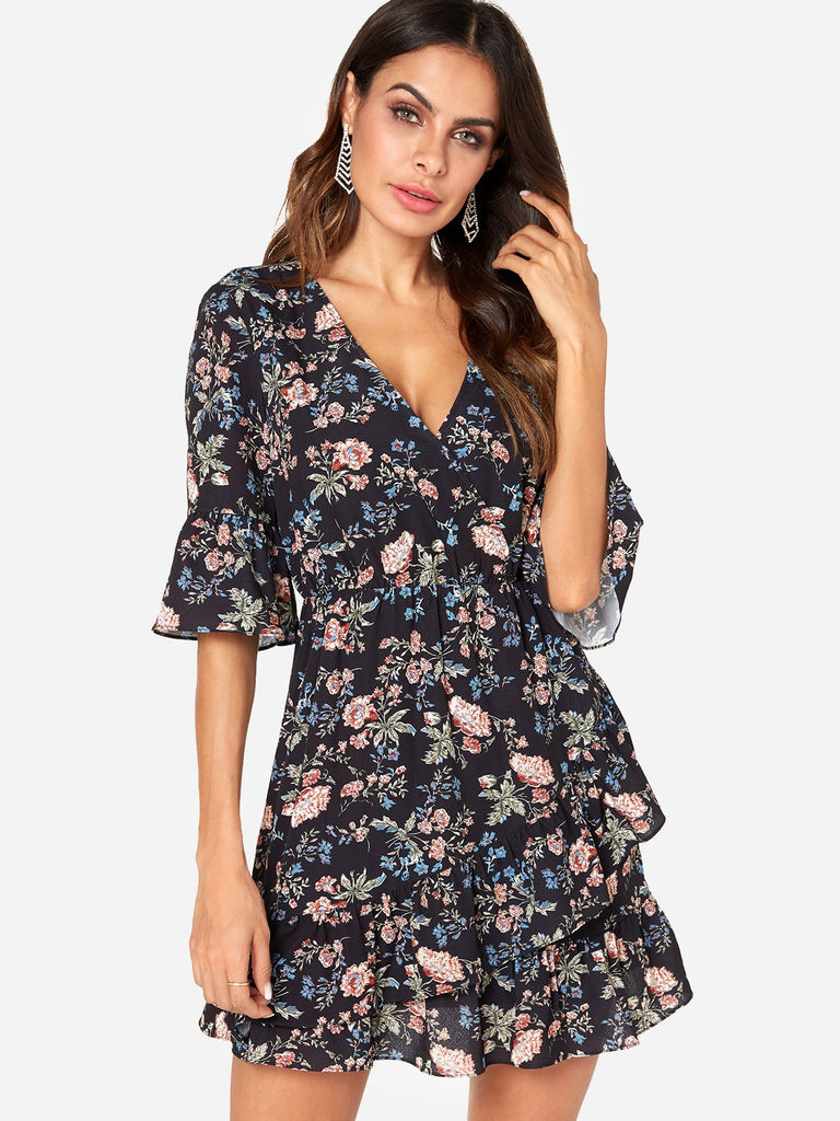 Black V-Neck Crossed Collar Half Sleeve Floral Print Crossed Front Flounced Hem Dresses