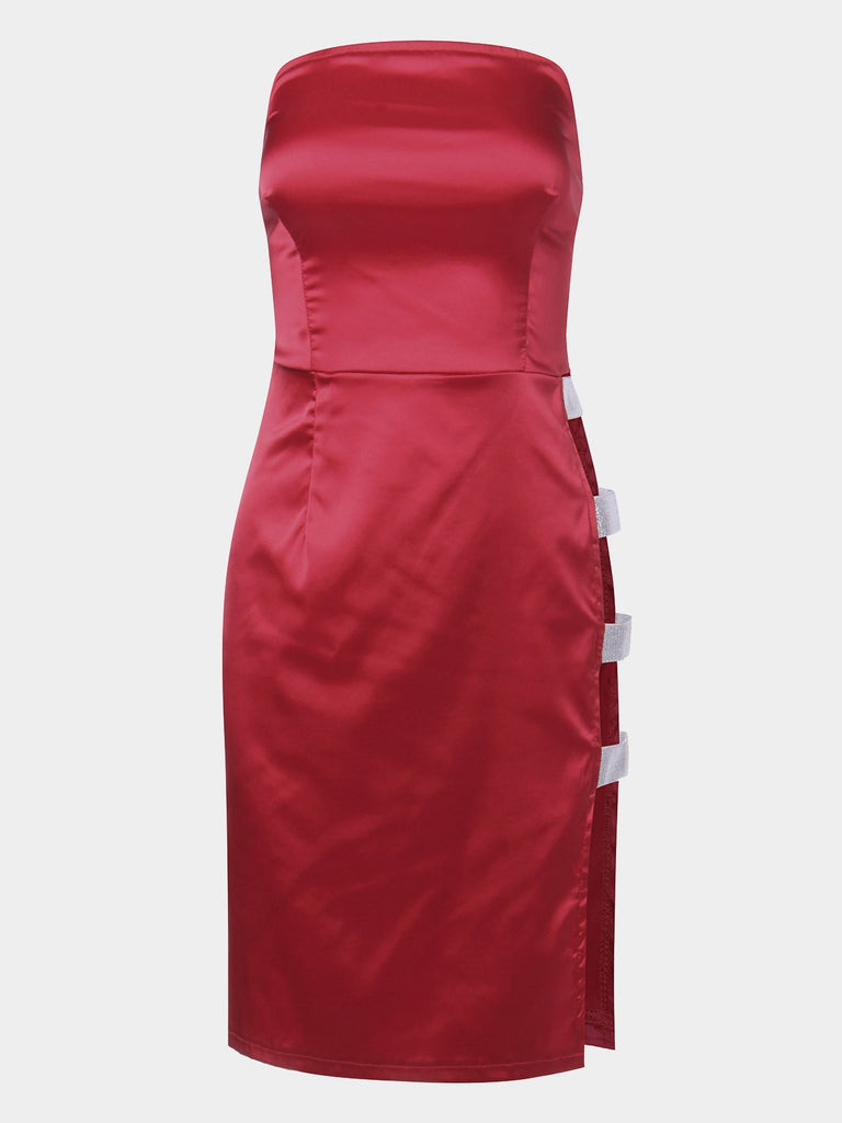 Red Bateau Sleeveless Plain Backless Sequins Embellished Slit Hem Mini Dresses