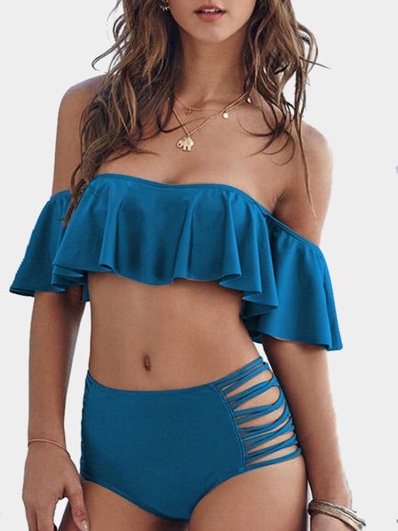 Blue Bateau Off The Shoulder Sleeveless 2 Piece Bikinis