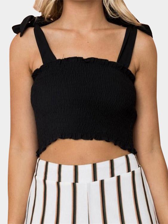 Off The Shoulder Cut Out Pleated Spaghetti Strap Sleeveless Black Camis