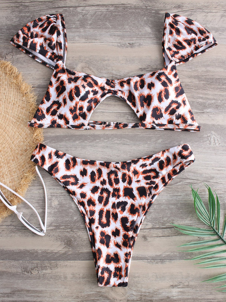 Square Neck Short Sleeve Leopard Hollow Two Piece Bikinis