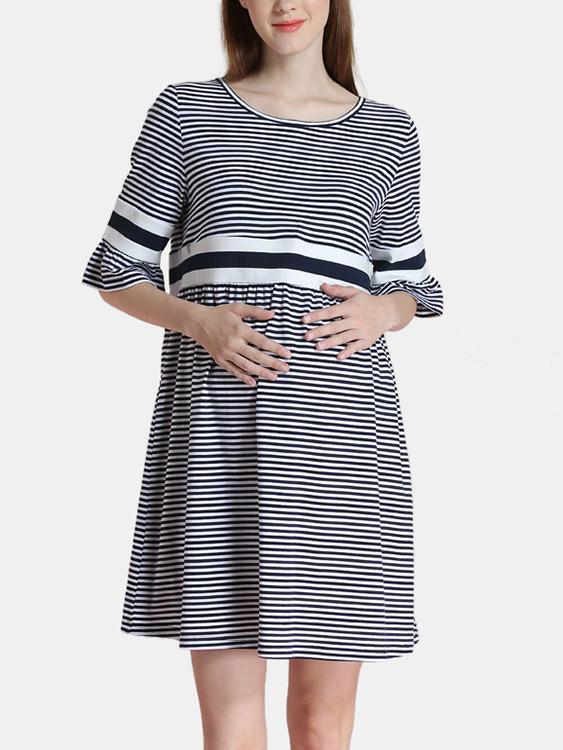 Round Neck Half Sleeve Stripe Zip Back Casual Dresses