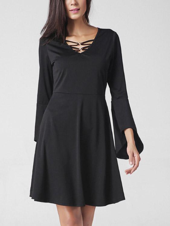 Black V-Neck Long Sleeve Plain Lace-Up Midi Dress