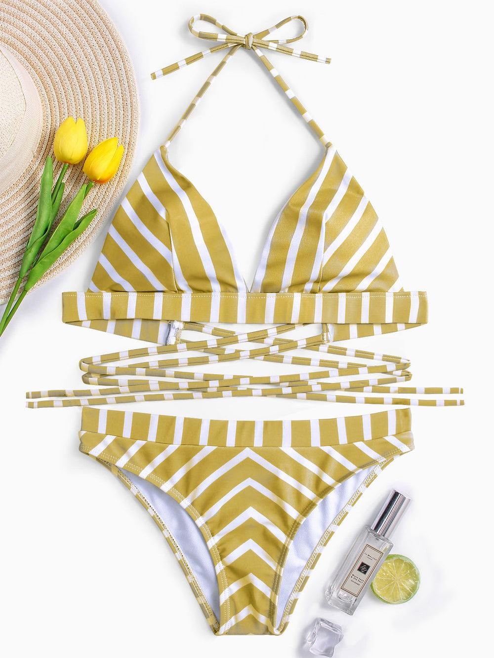 Halter Stripe Sleeveless Yellow Bikini Set