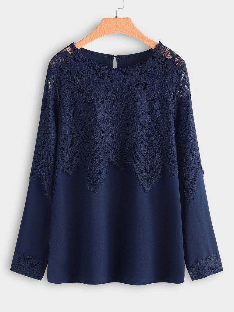 Crew Neck Plain Lace Long Sleeve Blouses