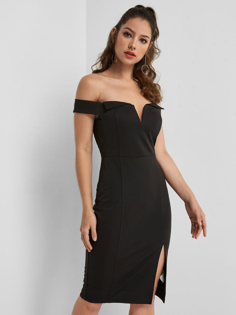 Black Off The Shoulder Slit Hem Dresses