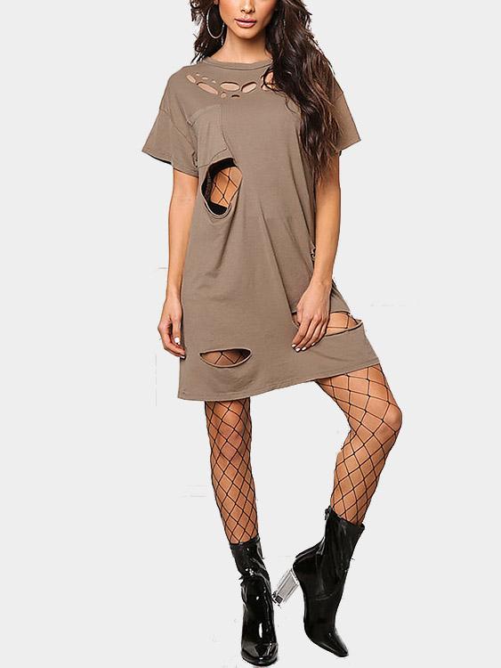 Brown Round Neck Short Sleeve Hollow Cut Out Shirt Dresses