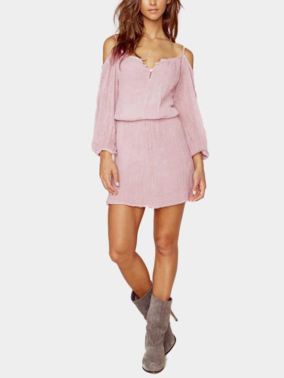Pink V-Neck 3/4 Length Sleeve Mini Dress