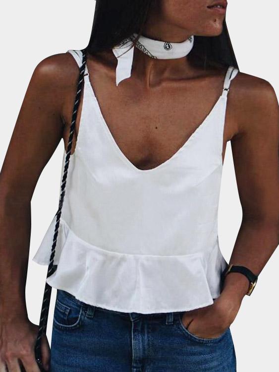 Deep V-Neck Sleeveless Flounced Hem White Camis