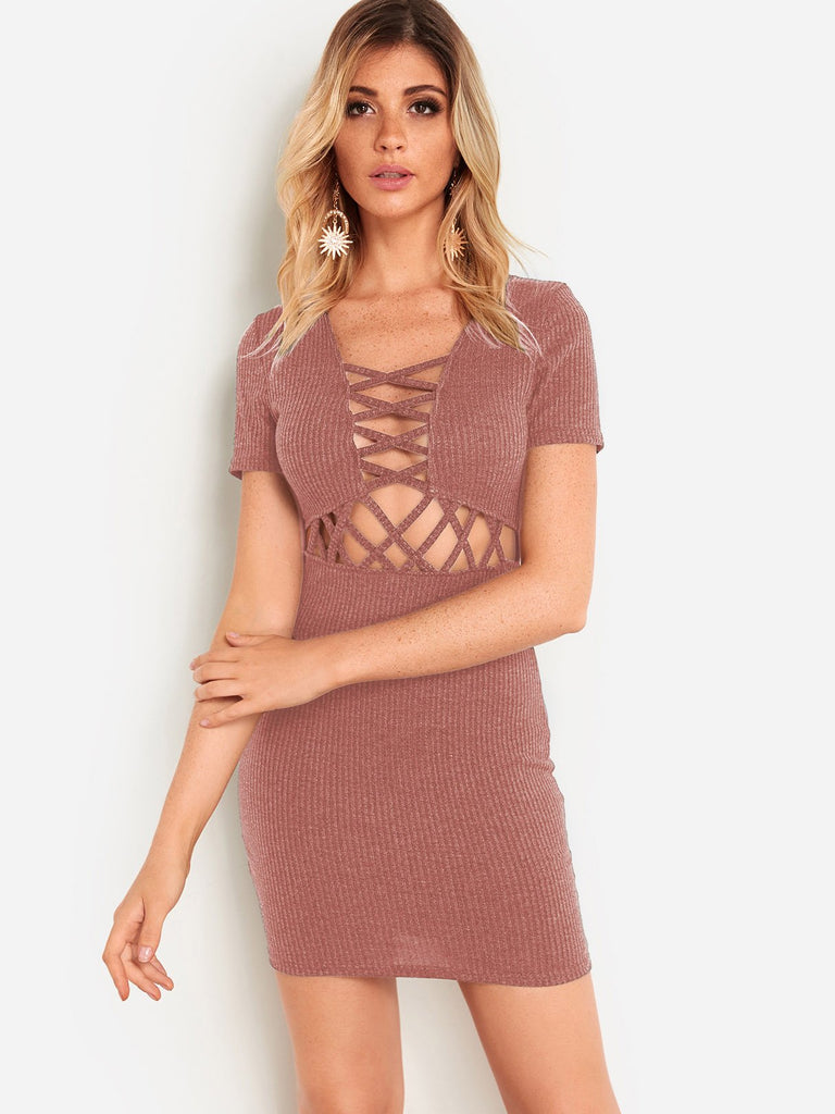 Crossed Collar Short Sleeve Zip Back Hollow Criss-Cross Bodycon Dresses