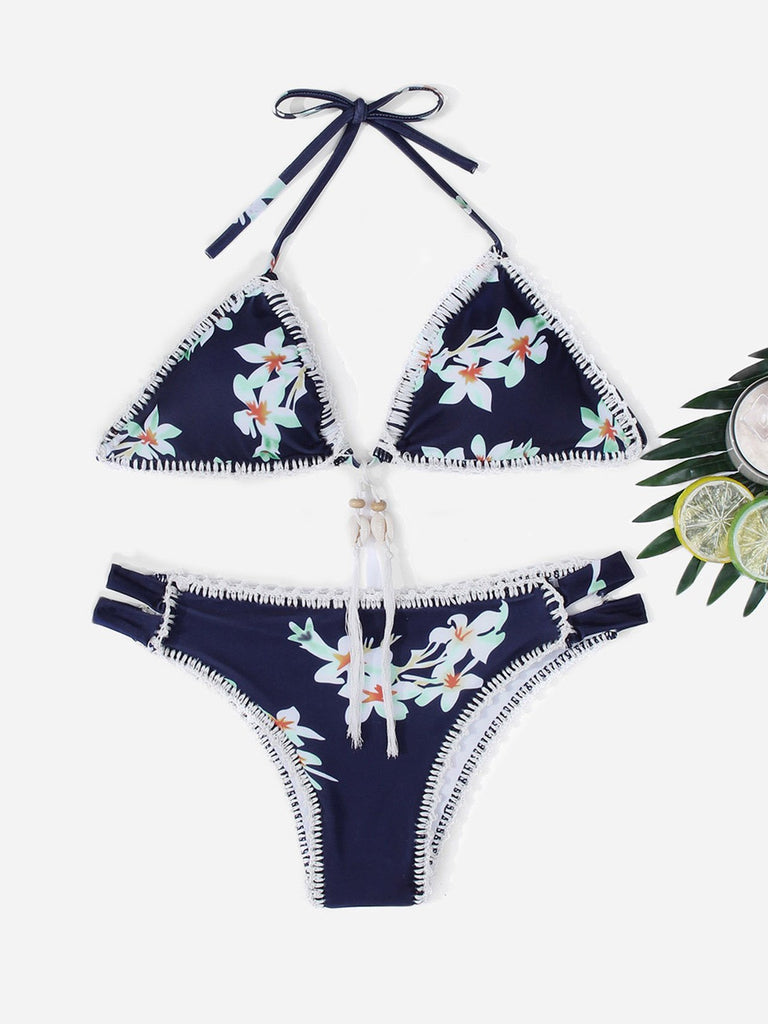 Navy Halter V-Neck Sleeveless Floral Print Crochet Lace Embellished Bikinis