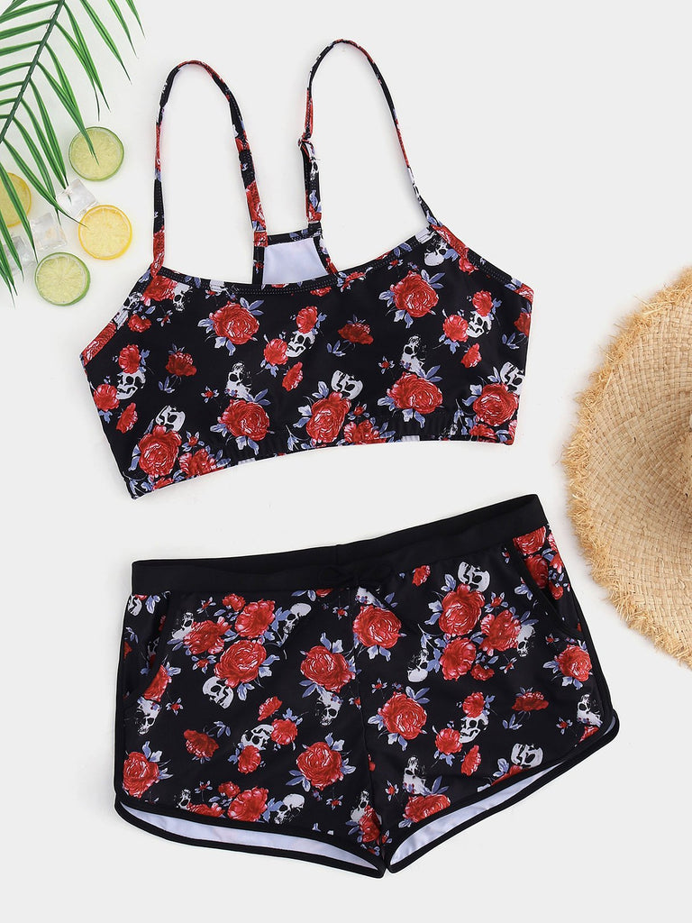 Floral Print Sleeveless Plus Size Swimwear