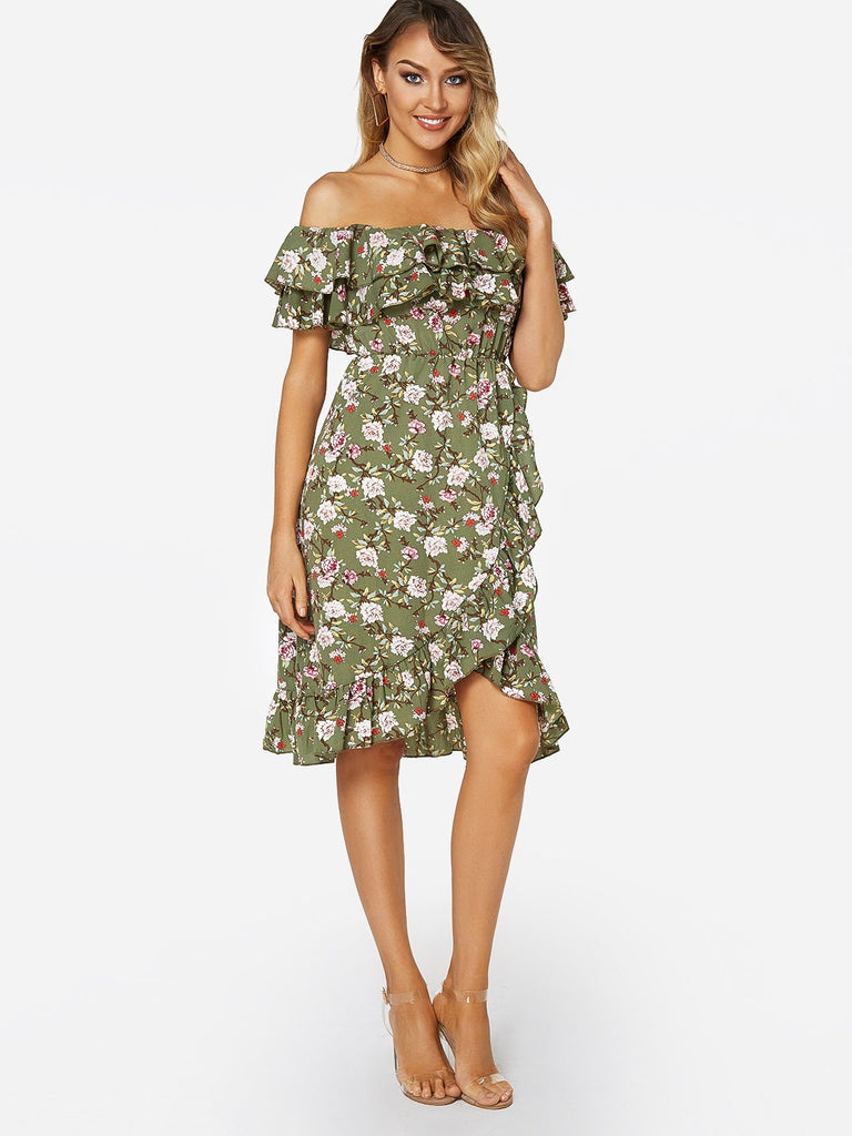 Green Off The Shoulder Sleeveless Floral Print Flounced Hem Dresses