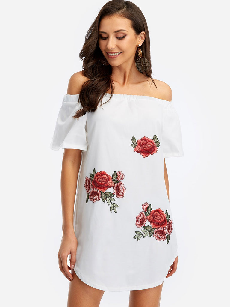 Off The Shoulder Embroidered Short Sleeve White Mini Dress