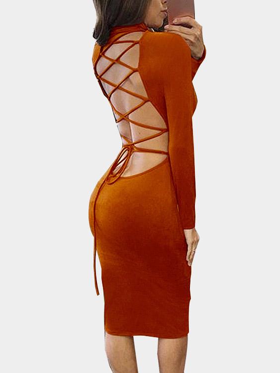 High Neck Long Sleeve Plain Backless Midi Dress