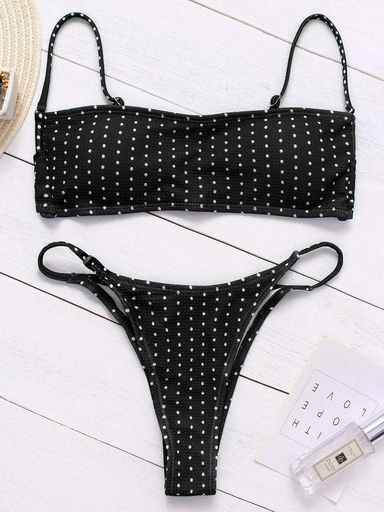 Black Square Neck Sleeveless Polka Dot Spaghetti Strap Bikinis