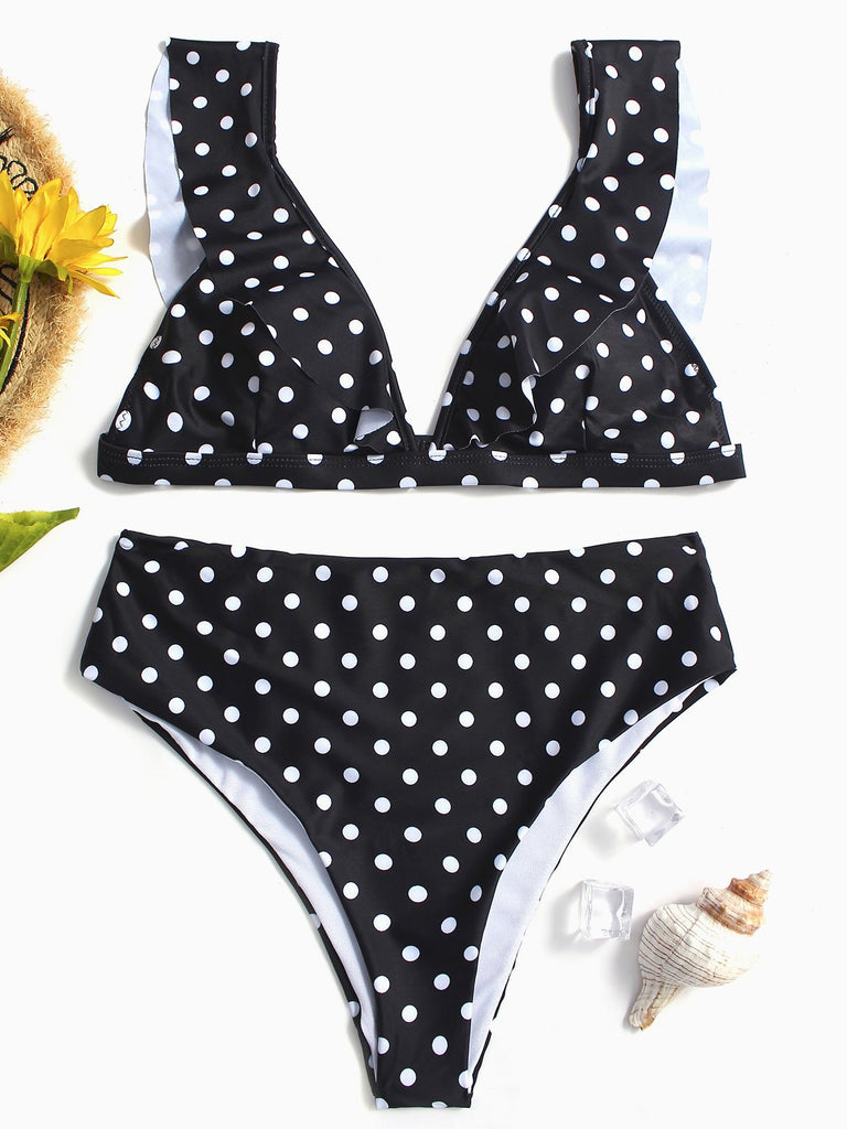 Black Deep V-Neck Sleeveless Polka Dot Two Piece Bikinis